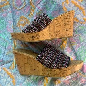 Women’s cork wedges. One strap heeled wedges size 8.5